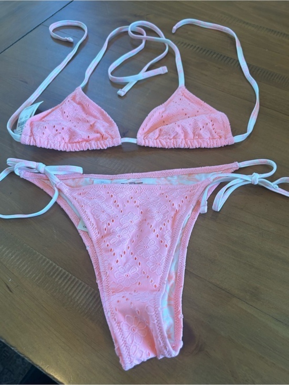 NWT Aerie Shell Pink Floral Eyelet Tie Bikini Set